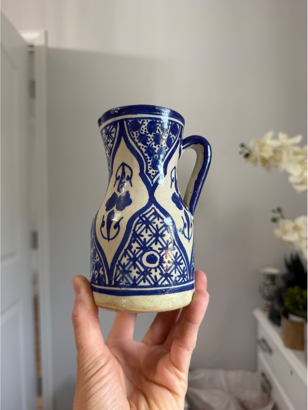 Vintage Blue and White Ceramic Pitcher from Fes, Morocco